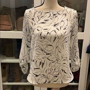 Loft white ballet neck blouse. Black flowers XXSP